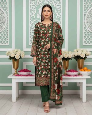 Blossom Green women’s unstitched 3-piece printed viscose suit with Bana Dora printed shirt, printed dupatta and plain dyed trouser