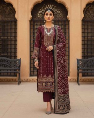 Dark Sienna women’s unstitched 3-piece printed viscose suit with printed shirt, printed dupatta and plain dyed trouser
