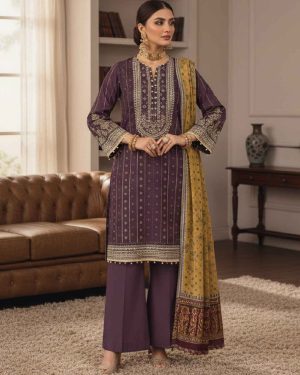 Old Burgundy women’s unstitched 3piece printed viscose suit winter sale