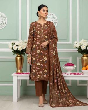 Brown Jazib women’s unstitched 3-piece printed viscose suit with Bana Dora printed shirt, printed dupatta and plain dyed trouser