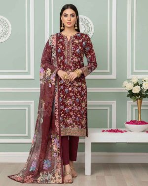 Maroon Majesty women’s unstitched 3pc printed viscose suit