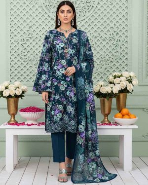 Zinc Naqsh women’s unstitched 3-piece embroidered viscose suit with Bana Dora embroidered shirt, printed dupatta and plain dyed trouser